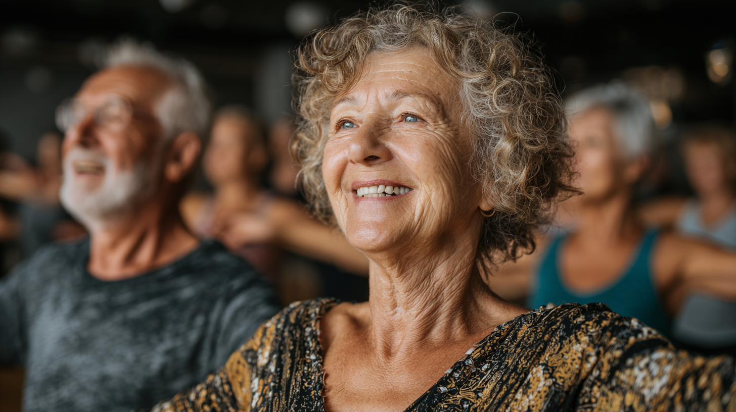 Група людей старшого віку виконує дихальні вправи